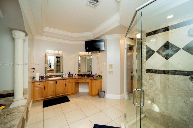 bathroom with visible vents, ornate columns, a stall shower, a raised ceiling, and crown molding