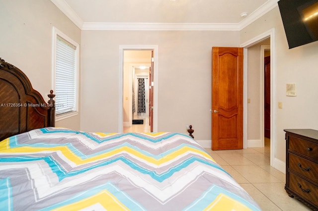 bedroom with light tile patterned floors, baseboards, and crown molding