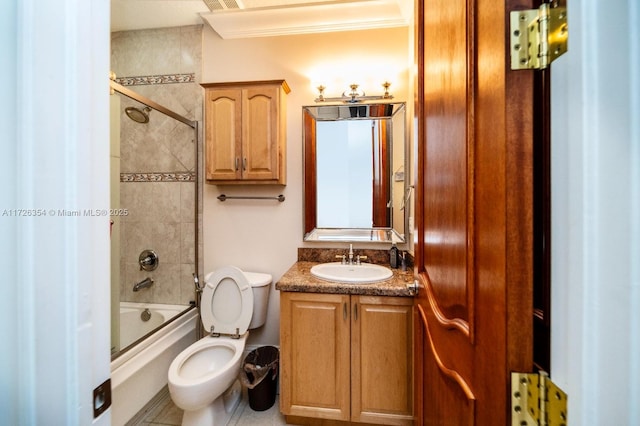 full bathroom with shower / tub combination, toilet, visible vents, vanity, and ornamental molding