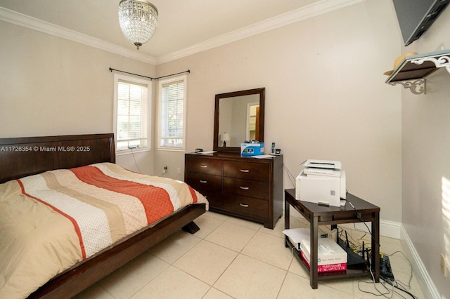 bedroom featuring baseboards, ornamental molding, and light tile patterned flooring