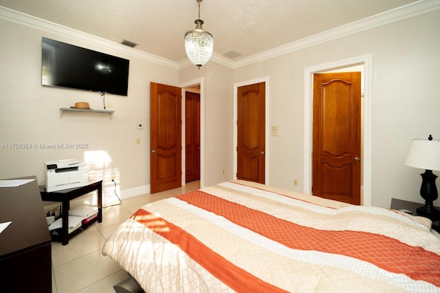 bedroom featuring visible vents, crown molding, baseboards, and light tile patterned floors