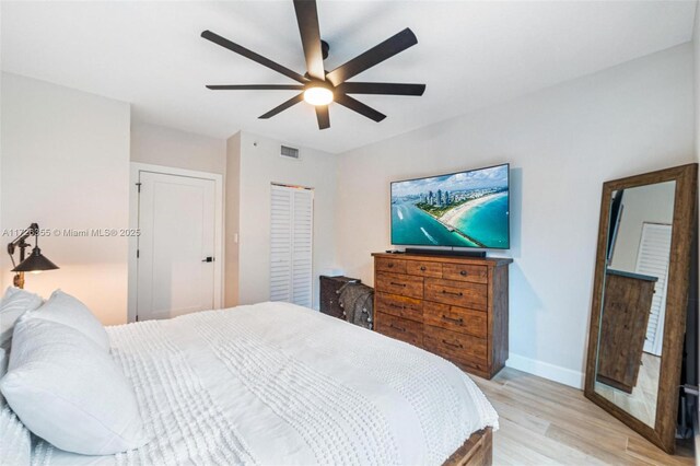 bedroom with ceiling fan and light hardwood / wood-style floors