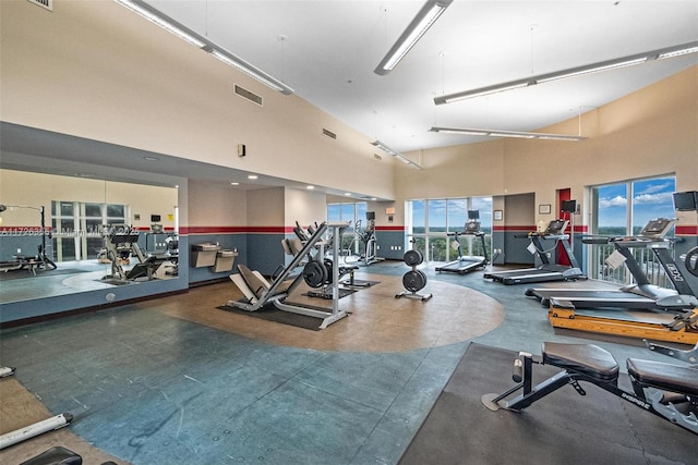 workout area with a high ceiling