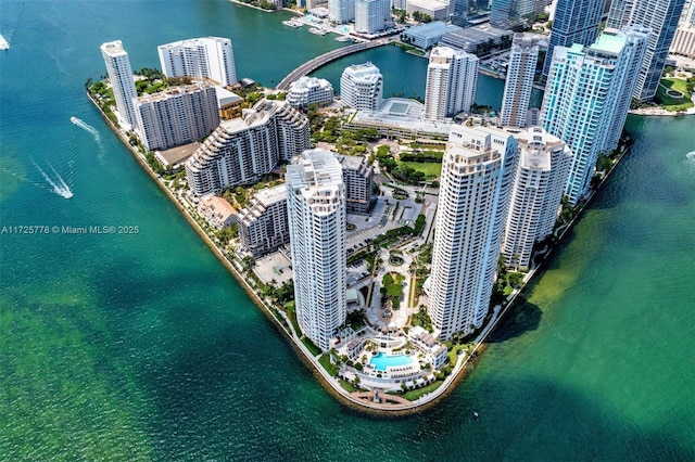 aerial view featuring a water view and a city view