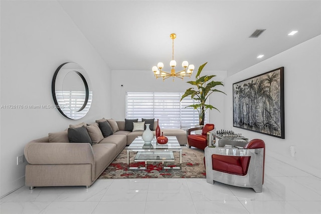 living room featuring an inviting chandelier