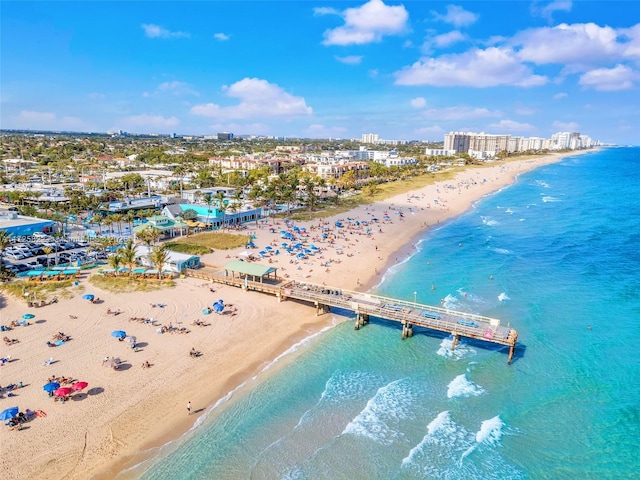 aerial view with a view of the beach and a water view