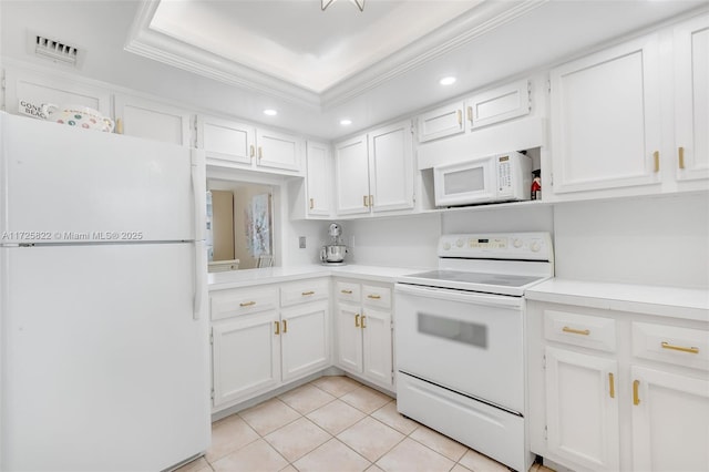 kitchen with white appliances, crown molding, light tile patterned floors, and white cabinets