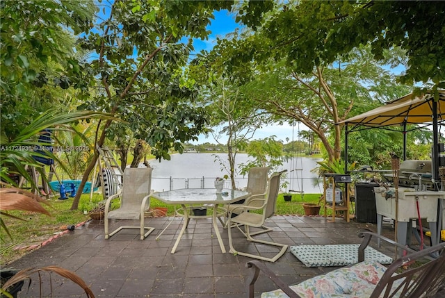 view of patio / terrace with a water view