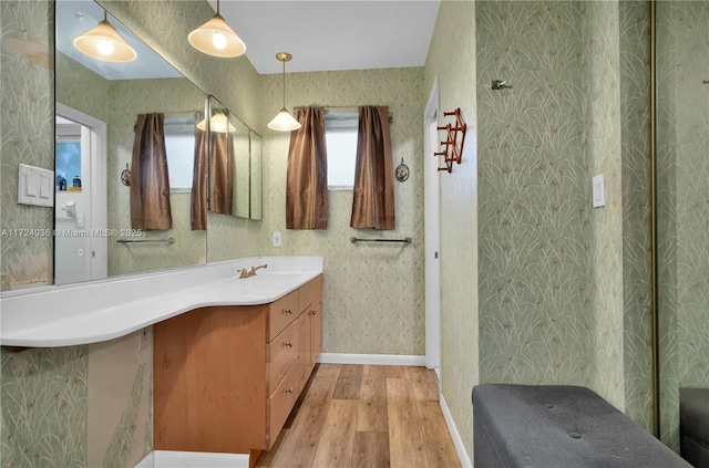 bathroom with hardwood / wood-style flooring and vanity