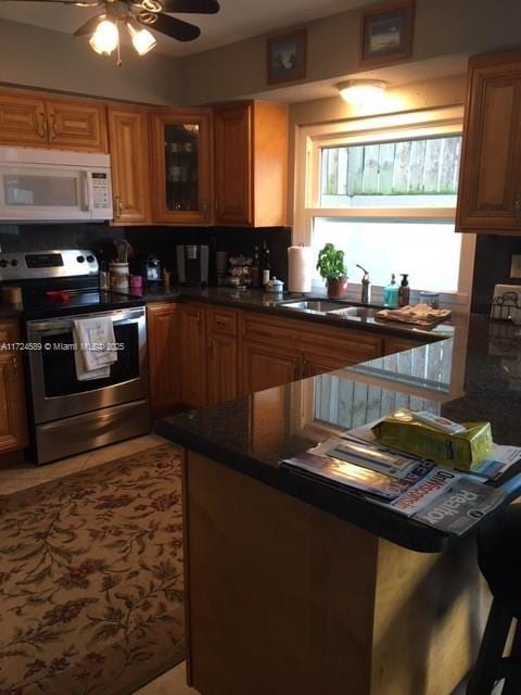 kitchen featuring ceiling fan, stainless steel electric range oven, and sink