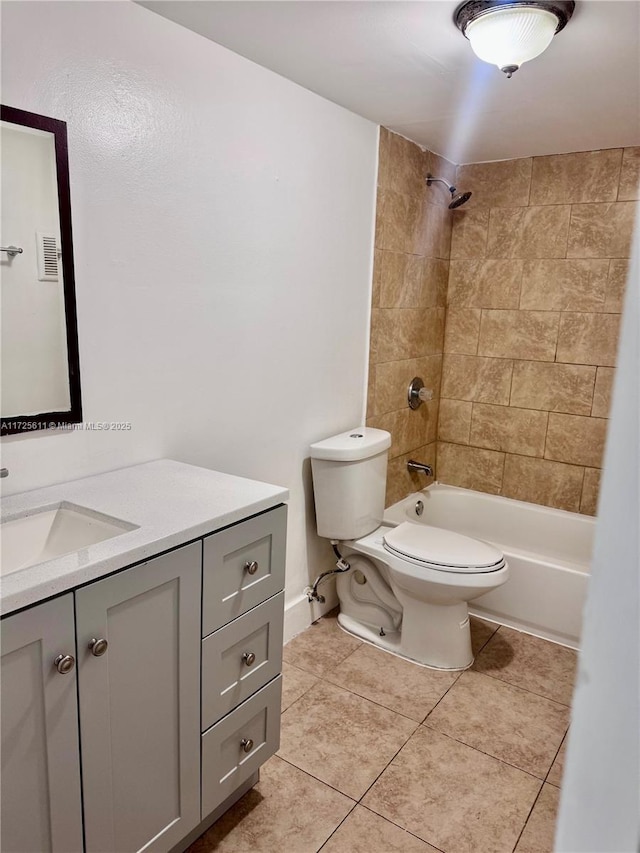 bathroom featuring vanity, tile patterned floors, shower / tub combination, toilet, and visible vents