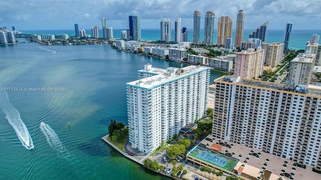 aerial view featuring a water view