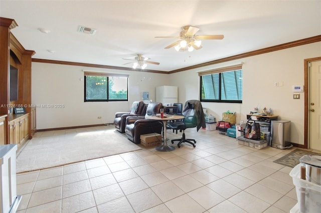 tiled living room featuring crown molding and ceiling fan