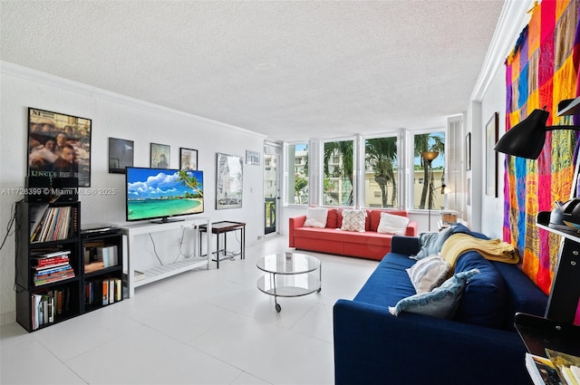 living room featuring tile patterned flooring, a textured ceiling, and crown molding