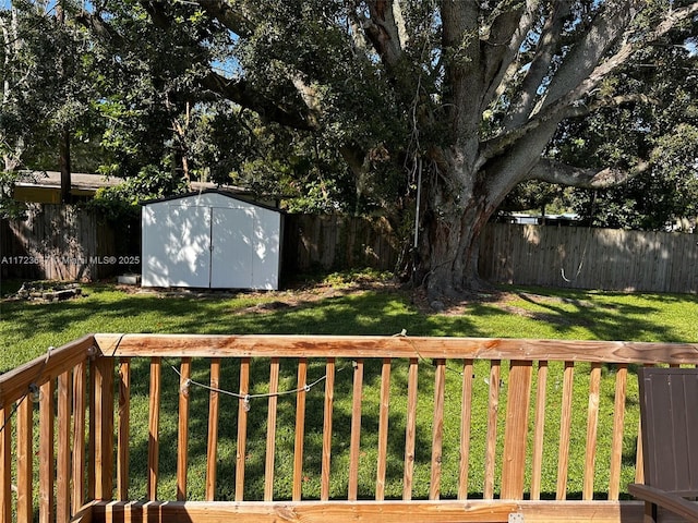 view of yard featuring a storage shed and a wooden deck