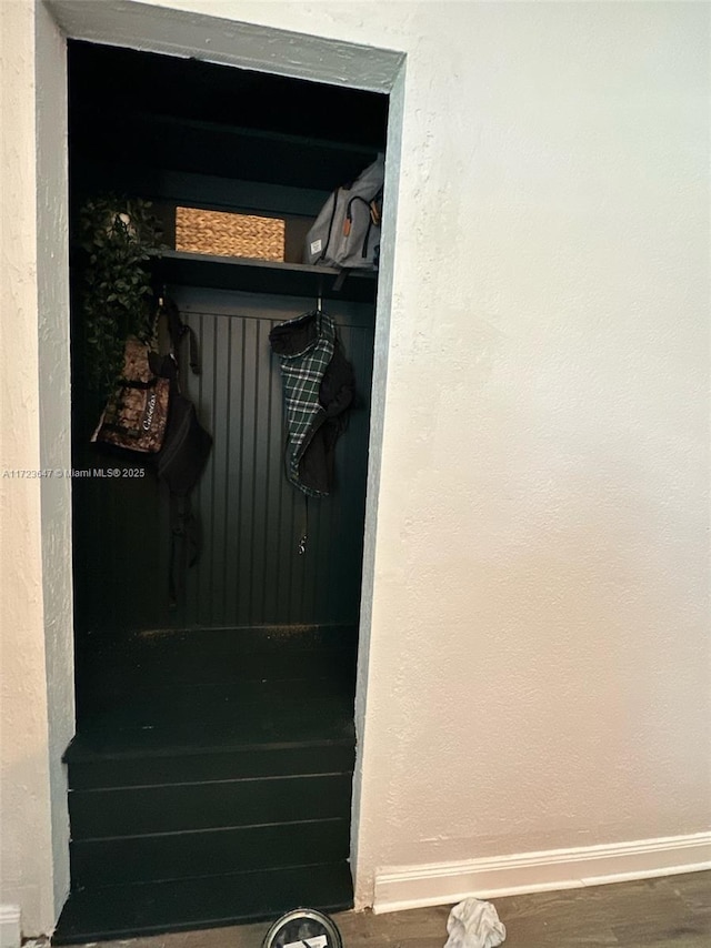 mudroom with dark hardwood / wood-style floors