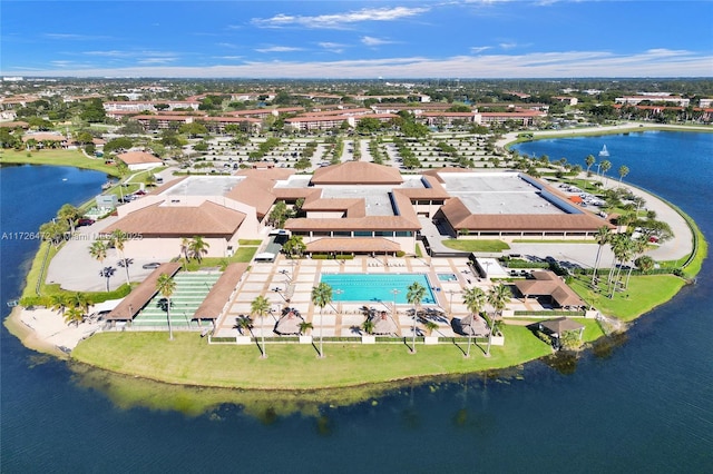 drone / aerial view featuring a water view