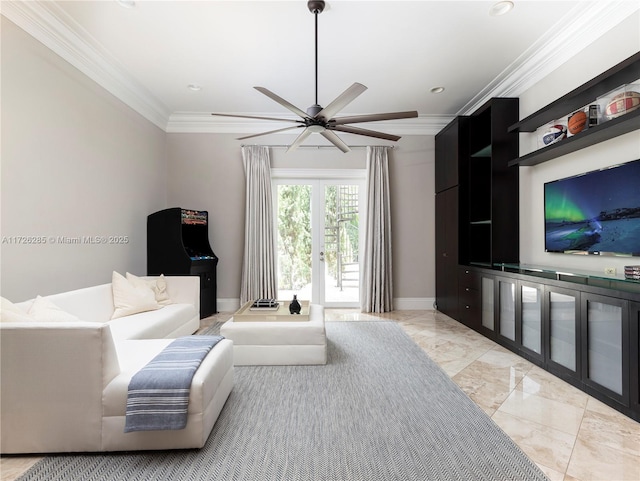 living room with ceiling fan and crown molding