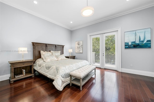 bedroom featuring access to exterior, dark hardwood / wood-style floors, french doors, and crown molding