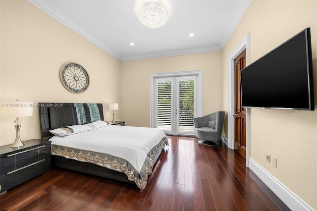 bedroom featuring french doors, access to exterior, crown molding, and dark hardwood / wood-style floors