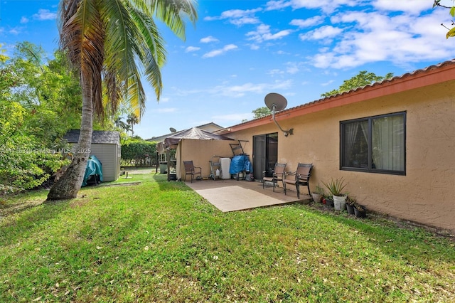 view of yard featuring a patio and a storage unit