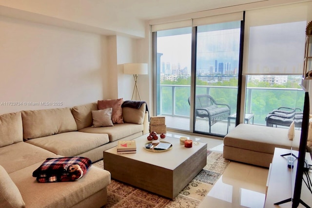 living room featuring floor to ceiling windows