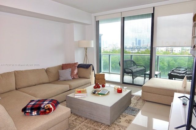 tiled living room with expansive windows