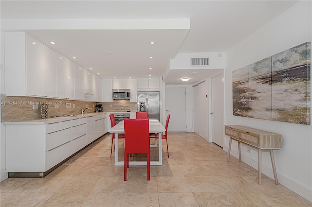 2301 Collins Ave Unit 1515, Miami Beach, FL 33139 - kitchen with visible vents, modern cabinets, a sink, white cabinetry, and stainless steel appliances