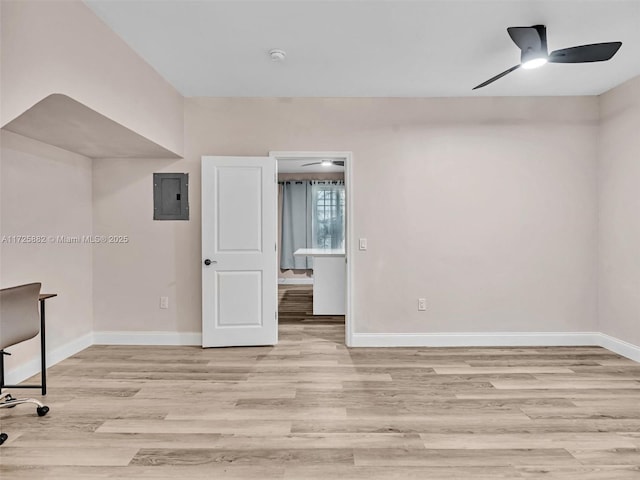 interior space with light hardwood / wood-style flooring, electric panel, and ceiling fan