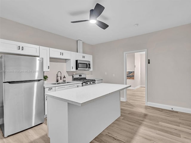 kitchen with stainless steel appliances, a center island, sink, and white cabinets