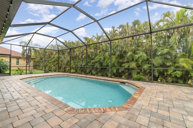 view of swimming pool with a lanai and a patio