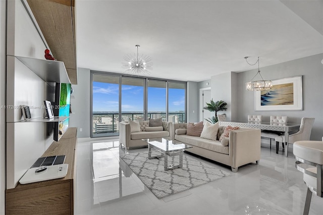 living room featuring floor to ceiling windows and a chandelier