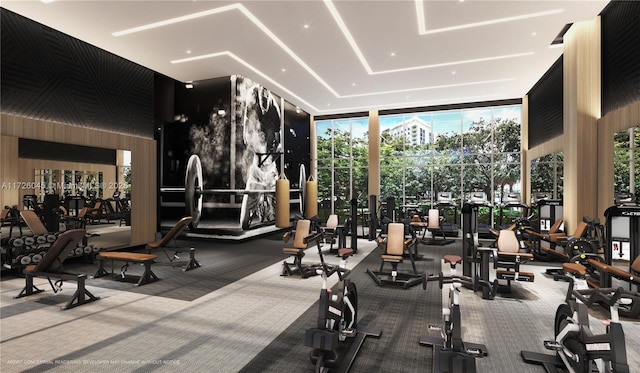 workout area with carpet and a wall of windows