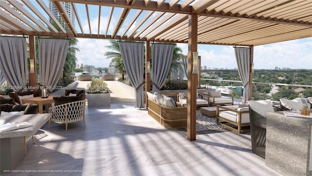 view of patio / terrace with an outdoor living space and a pergola