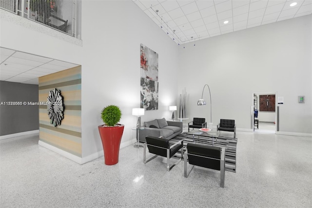 living room featuring a high ceiling and a drop ceiling