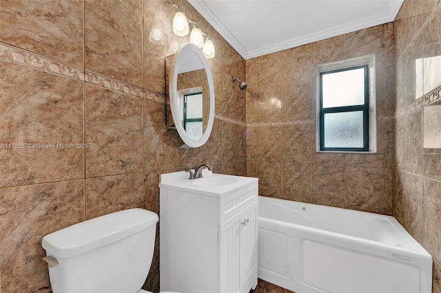 full bathroom featuring toilet, tile walls, crown molding, shower / tub combination, and vanity