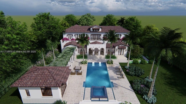rear view of property featuring a balcony, a tile roof, a patio area, stairway, and a pool with connected hot tub