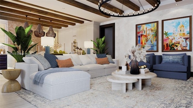 living room with beam ceiling and hardwood / wood-style flooring