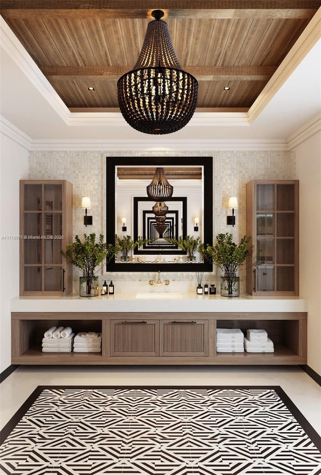 hall featuring sink, ornamental molding, a tray ceiling, and wood ceiling