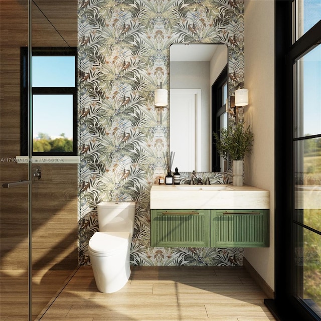 bathroom featuring hardwood / wood-style flooring, vanity, and toilet