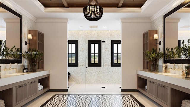 bathroom featuring a tile shower, wood ceiling, two vanities, beam ceiling, and wallpapered walls