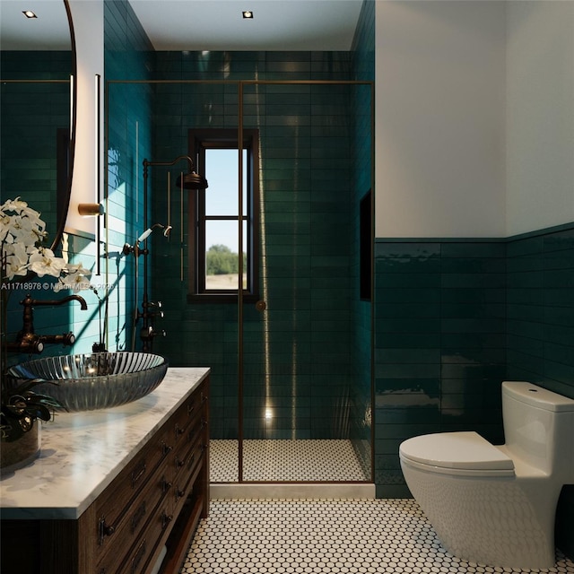 bathroom featuring tile walls, an enclosed shower, toilet, and vanity