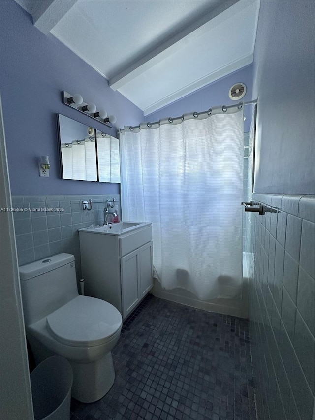 full bathroom featuring toilet, tile walls, tile patterned floors, shower / bathtub combination with curtain, and vanity