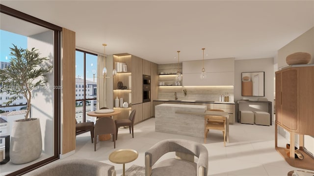 interior space featuring sink, light tile patterned floors, tasteful backsplash, expansive windows, and hanging light fixtures