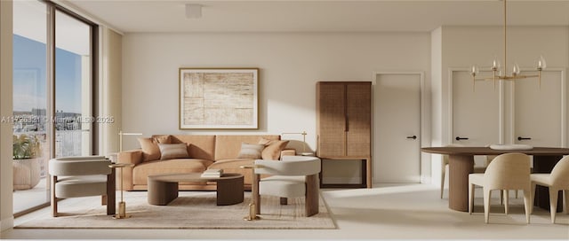 living area with a chandelier, a healthy amount of sunlight, and expansive windows