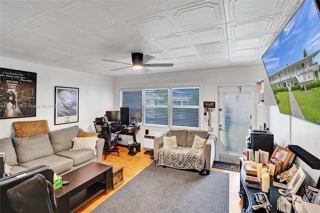 living room with ceiling fan and hardwood / wood-style floors