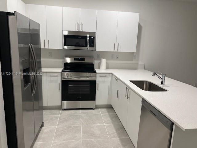 kitchen featuring appliances with stainless steel finishes, white cabinets, kitchen peninsula, and sink