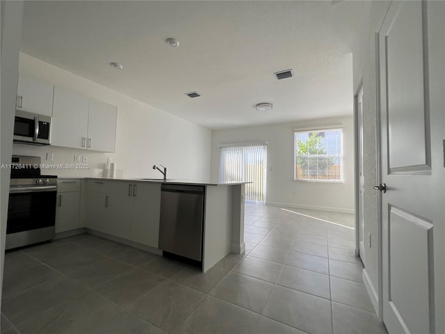 kitchen featuring tile patterned floors, sink, appliances with stainless steel finishes, kitchen peninsula, and white cabinets