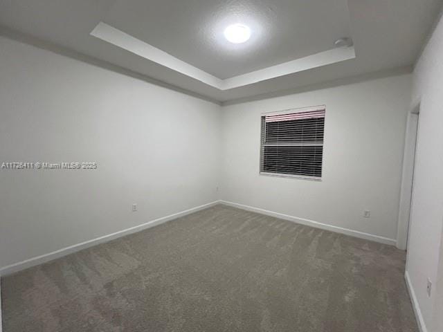 spare room with dark carpet and a tray ceiling