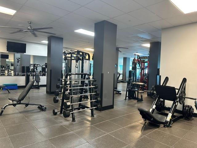 exercise room featuring ceiling fan and a drop ceiling